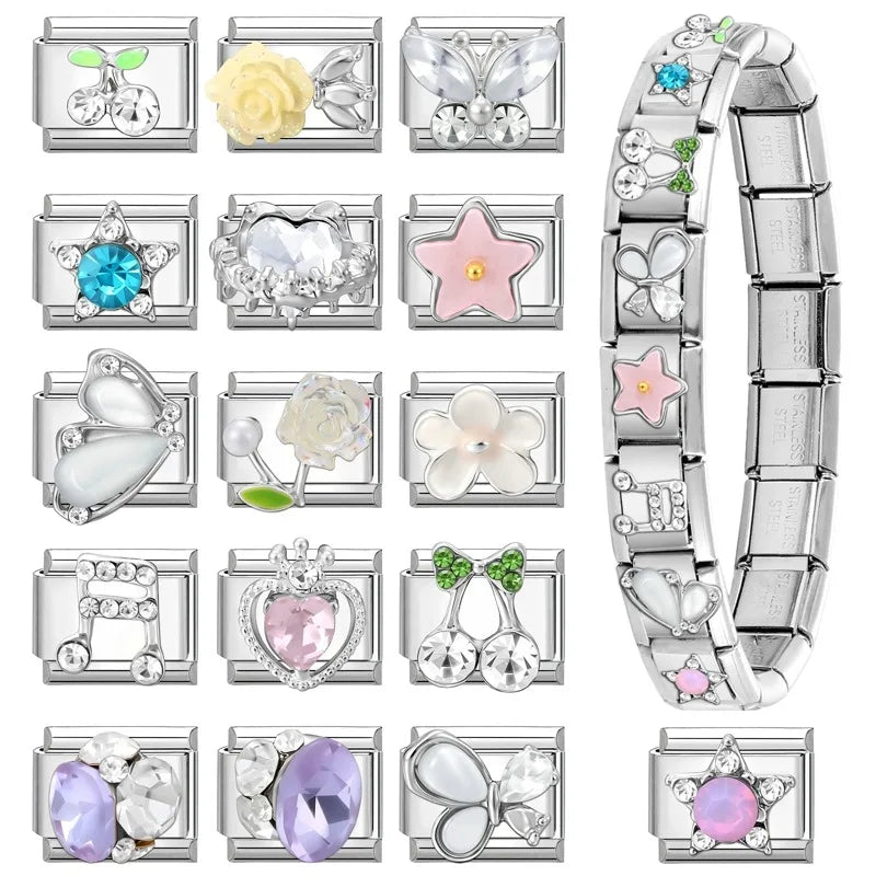 Wholeasle Shiny Zircon Shell Love Heart Devil Eyes Italian Charm Links Fit 9mm Stainless Steel Bracelet Women Jewelry DIY Making