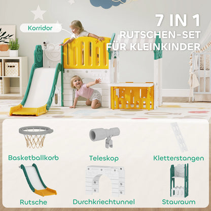 7-in-1 children's slide, indoor playground, climbing frame, house, basketball hoop, plastic, yellow + green, toy slide, outdoor slide, outdoor toy slide, slide