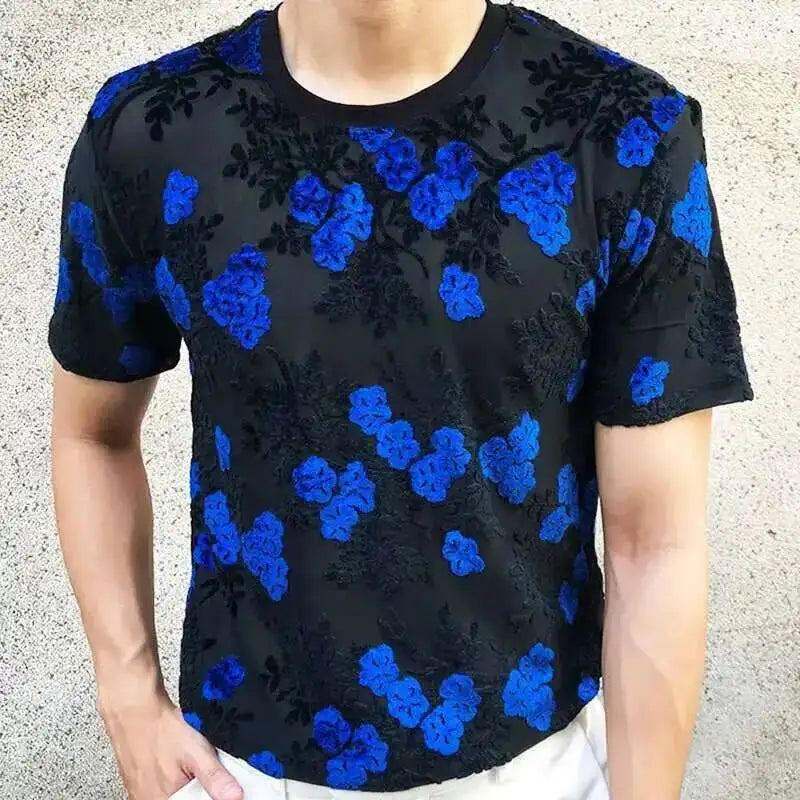 Sexy Round Neck T Shirt Soft Velvet Slim Men Clothing Nightclub Short-sleeved Top Quality Transparent Floral T Shirt See Through