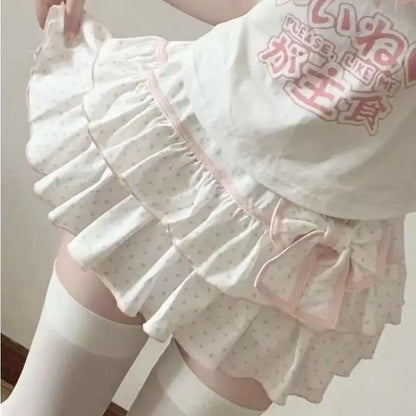 Harajuku Girls Lolita Mini Skirt Y2K Women Japanese Style Bow Pleated Skirts Cute Sweet Dot Ruffles Cake Layered Skirts Gift