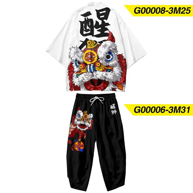 Large Size 5XL 6XL Japanese Kimono Cardigan Pants Set Print Fox Men Women Shirt Tradition Yukata Haori Obi Cosplay Costume