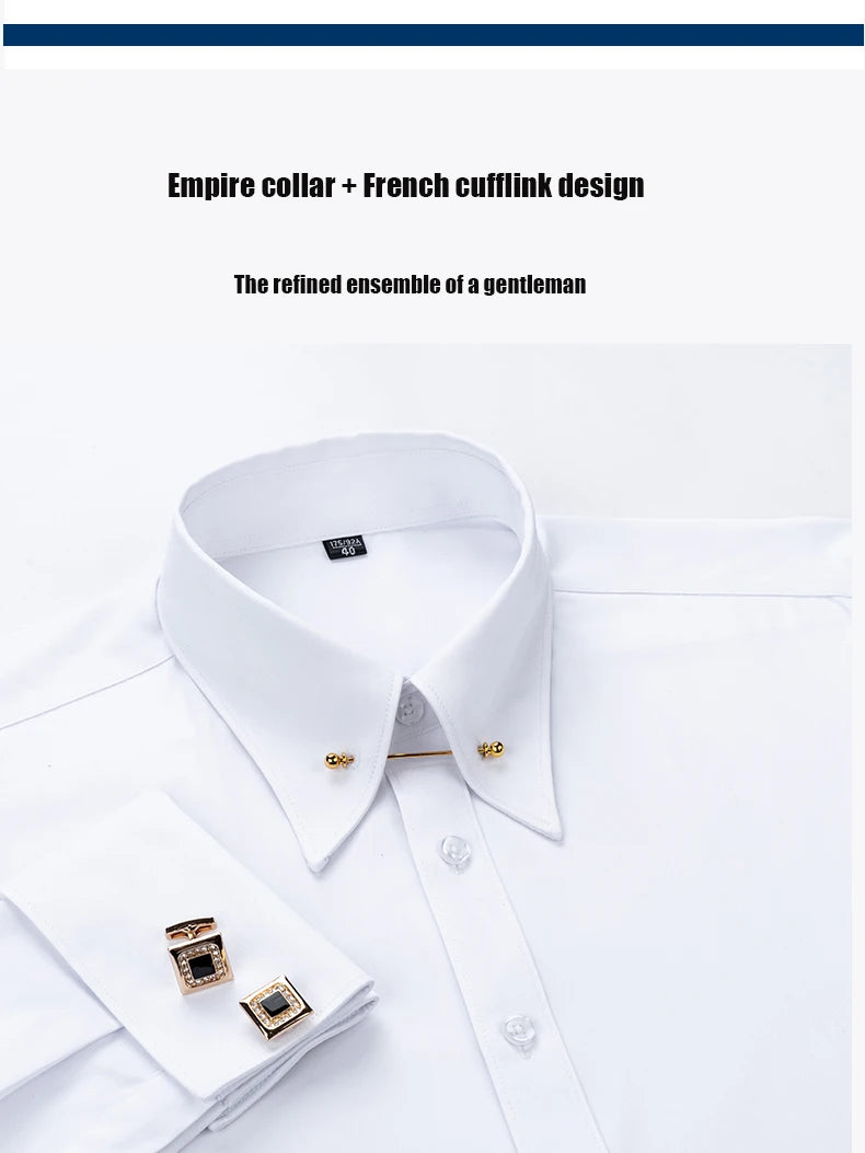 Embroidered French Cufflinks Men's Long-Sleeve Shirt with Collar Pins, Big Collar Dress Shirt for Business Formal Wear, Gentlema