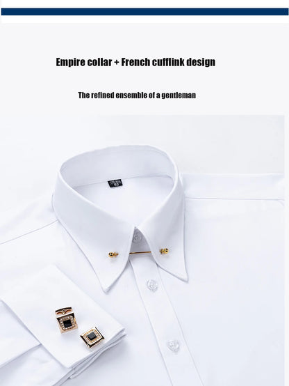 Embroidered French Cufflinks Men's Long-Sleeve Shirt with Collar Pins, Big Collar Dress Shirt for Business Formal Wear, Gentlema