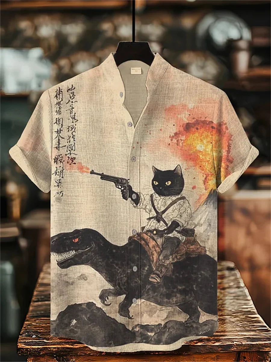 Men's short-sleeved shirt with cat and dinosaur print, casual and stylish vacation-style men's top, fashionable Hawaiian design.