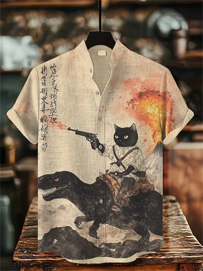 Men's short-sleeved shirt with cat and dinosaur print, casual and stylish vacation-style men's top, fashionable Hawaiian design.