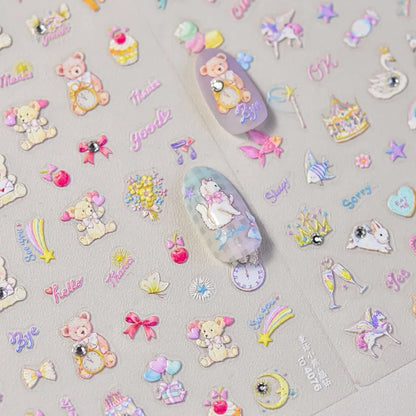 Lovely Animal Graffiti Cat Claw Rabbit Bunny Bear Dog Flower Fruit Dim Sum Candy Sunflower Adhesive 5D Nail Art Stickers Decal