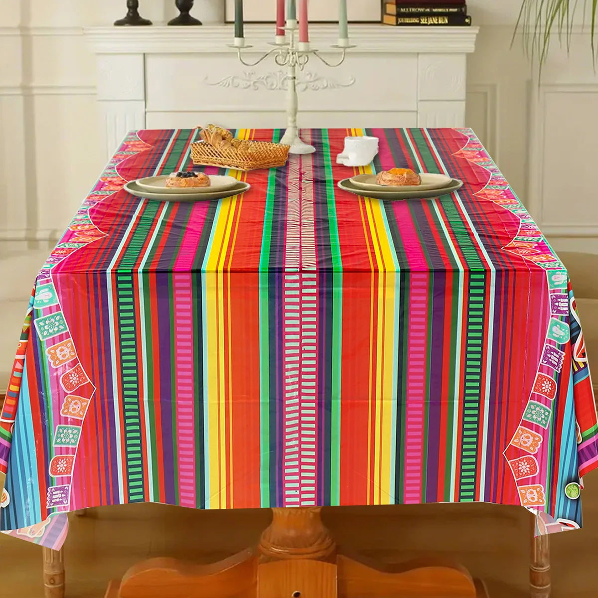 Mexican Stripes Plastic Tablecloth Holiday Party Decor Day of The Dead Waterproof Rectangle Tablecloth Mexican Fiesta Decoration