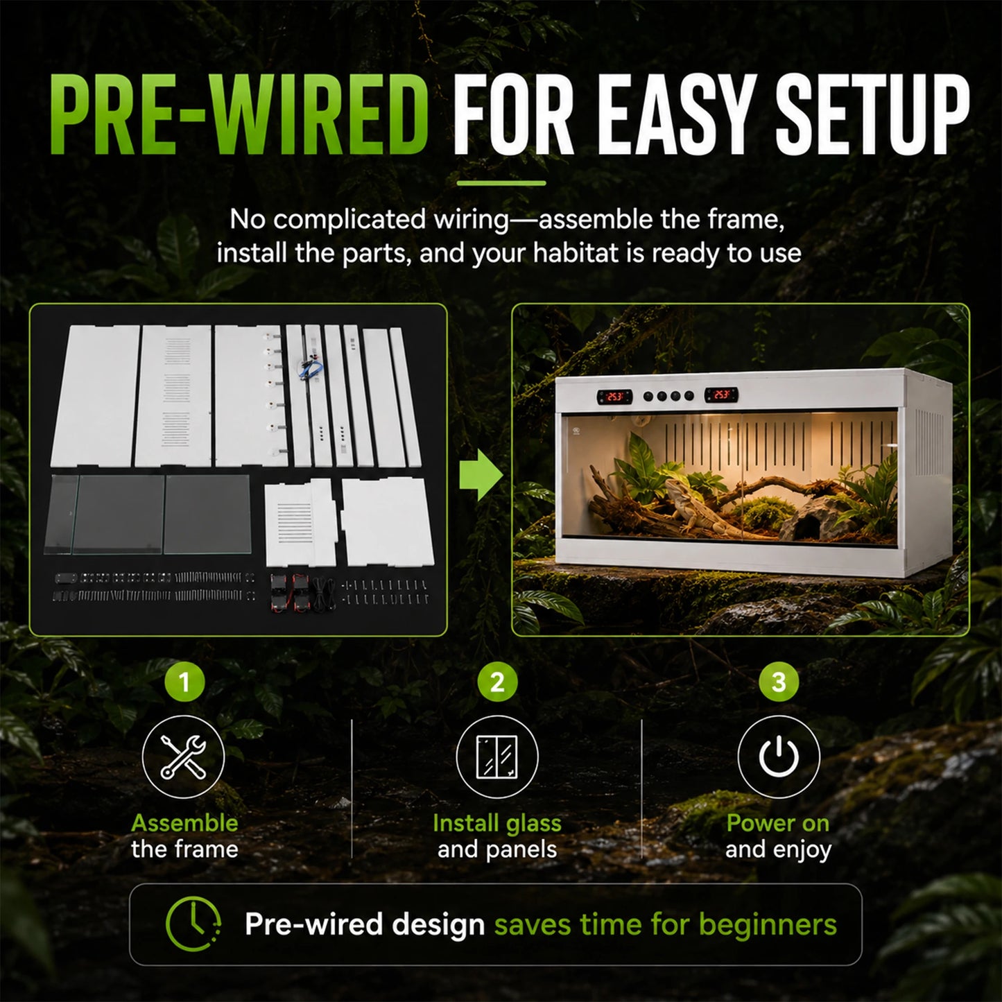 PVC Reptile Enclosure with Tempered Glass, Stackable Bearded Dragon Tank – Heavy Duty Terrarium for Amphibians, Reptilians, Arachnids