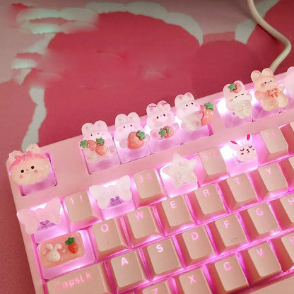 Cute Cartoon Transparent Strawberry Rabbit Keycap DIY Handmade Personalized Mechanical Keyboard Dedicated PBT Keycap