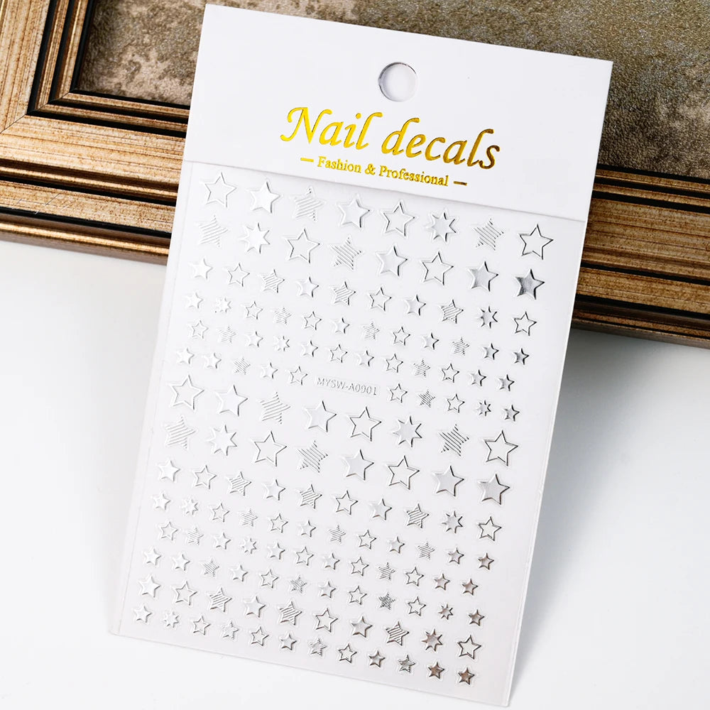 Black White Star 3D Nail Art Sticker Y2K Pentagram Self-Adhesive Decals Laser Shiny Glitters Starlight Manicure Ornaments Slider