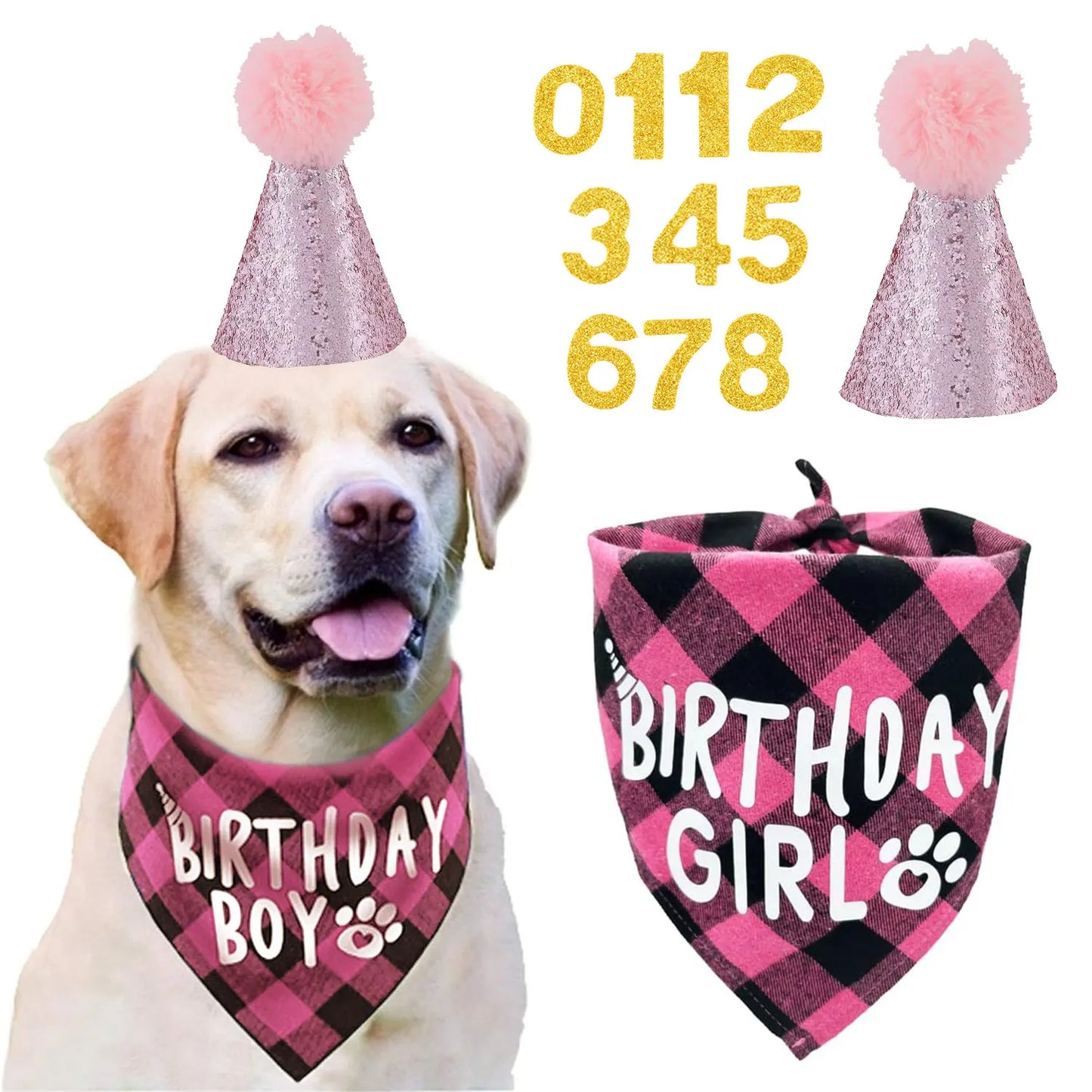 4pcs Dog Birthday Party Supplies, Birthday Boy Dog Bandana, Dog Birthday Hat with Numbers for Medium Large Dogs Pets