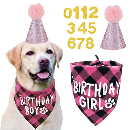 4pcs Dog Birthday Party Supplies, Birthday Boy Dog Bandana, Dog Birthday Hat with Numbers for Medium Large Dogs Pets