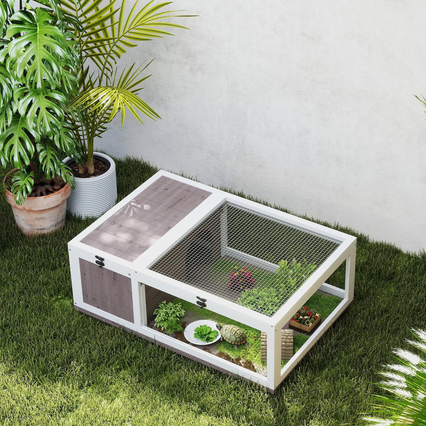 Wood Turtle House 91x60.5x32 cm with net blanket & removable transparent side panels for indoor and outdoor
