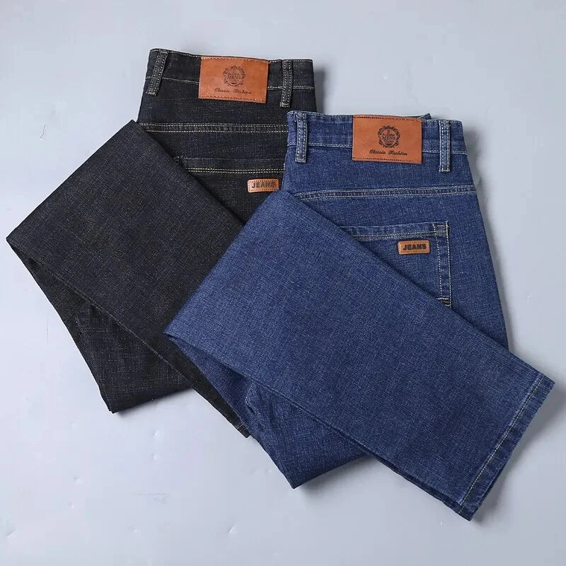 2025 New Business Men's Jeans Casual Straight Stretch Fashion Classic Blue Black Work Denim Pant Trousers Male Clothing