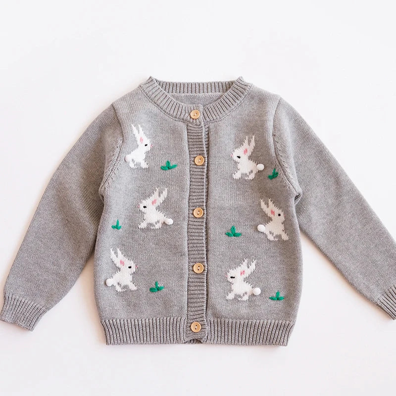 Baby Girls Embroidery Sweater Cardigan Autumn Fashion Cotton Floral Collar Kids Knitted Cardigan Rabbit Coat Outerwear Korean