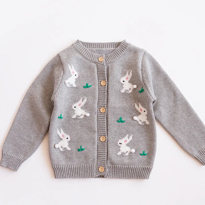 Baby Girls Embroidery Sweater Cardigan Autumn Fashion Cotton Floral Collar Kids Knitted Cardigan Rabbit Coat Outerwear Korean