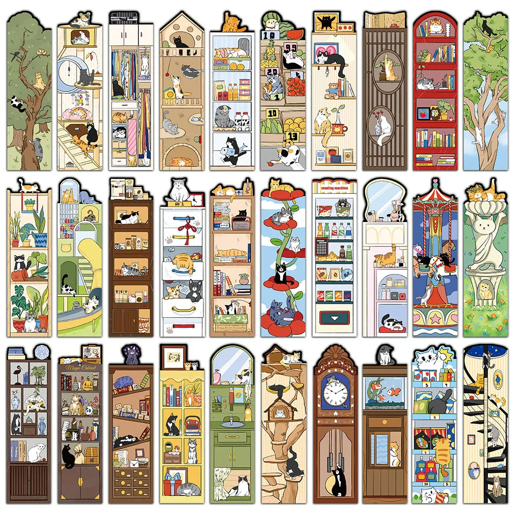 30PCS Cat Scene Bookmark Cartoon Cute Reading Page Book Label Decoration Student Creative Gift DIY