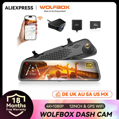 WOLFBOX G840S 12"IPS Dash Camera 4K Rearview Dash Cam GPS Video Recorder Night Vision HD Dual Cameras Car Dvr Parking Monitor
