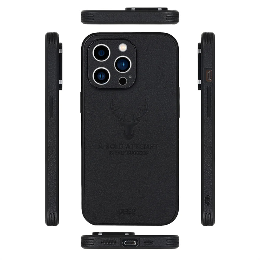 Luxury Business Leather Bumper Case For iPhone 17 Air 16 15 14 13 12 11 Pro Max Mini Plus Shockproof Soft Deer Head Back Cover