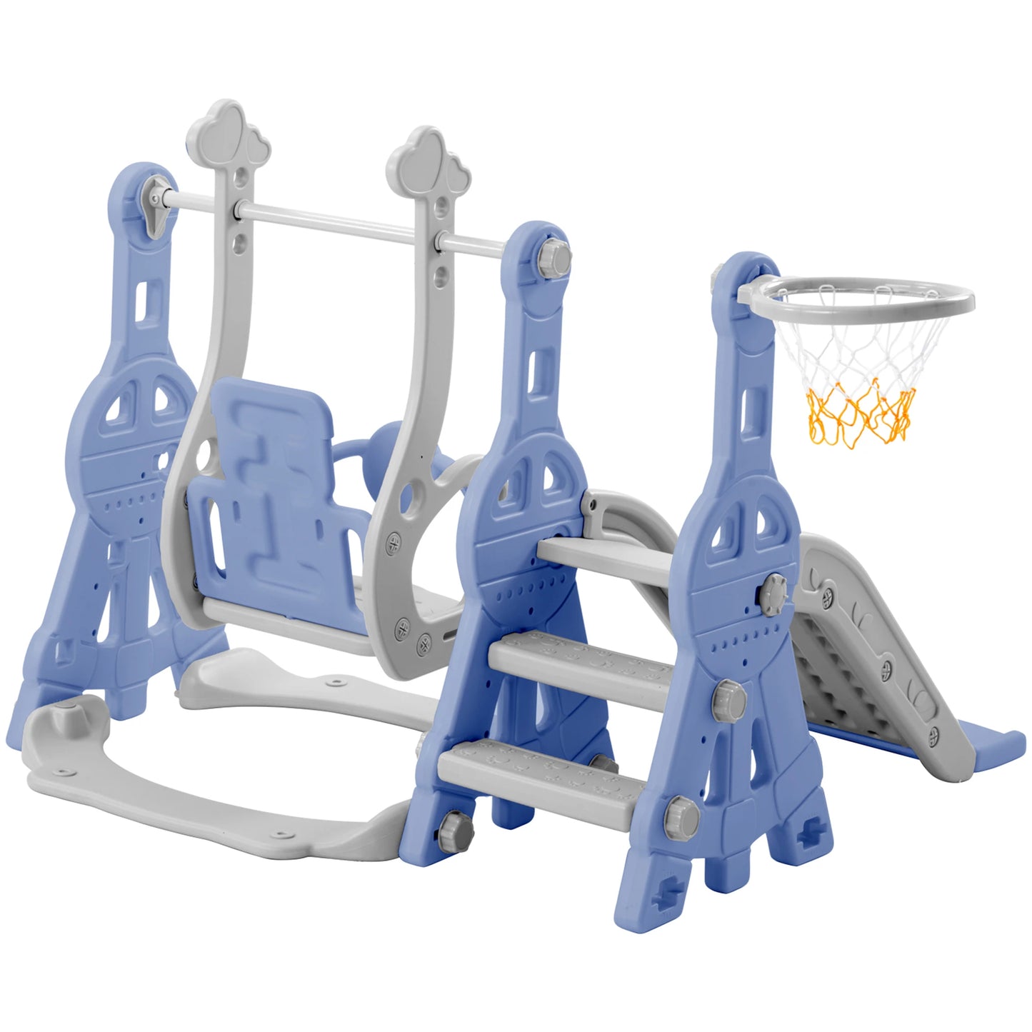 Anajqaqia 4-in-1 Children's Slide and Swing Set with Climbing Ladder & Basketball Hoop, Indoor Outdoor Toddler Play Centre, Blue
