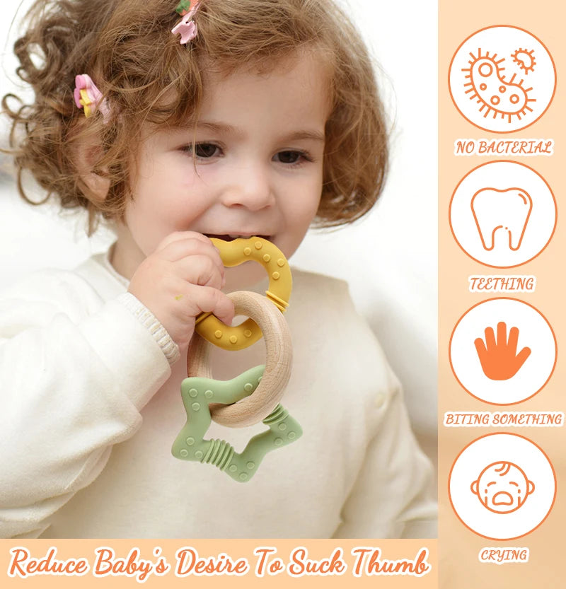 Silicone Star and Heart Teether with Teething Wooden Ring Baby Rattle Toy