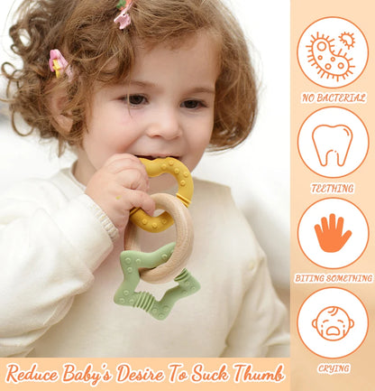 Silicone Star and Heart Teether with Teething Wooden Ring Baby Rattle Toy