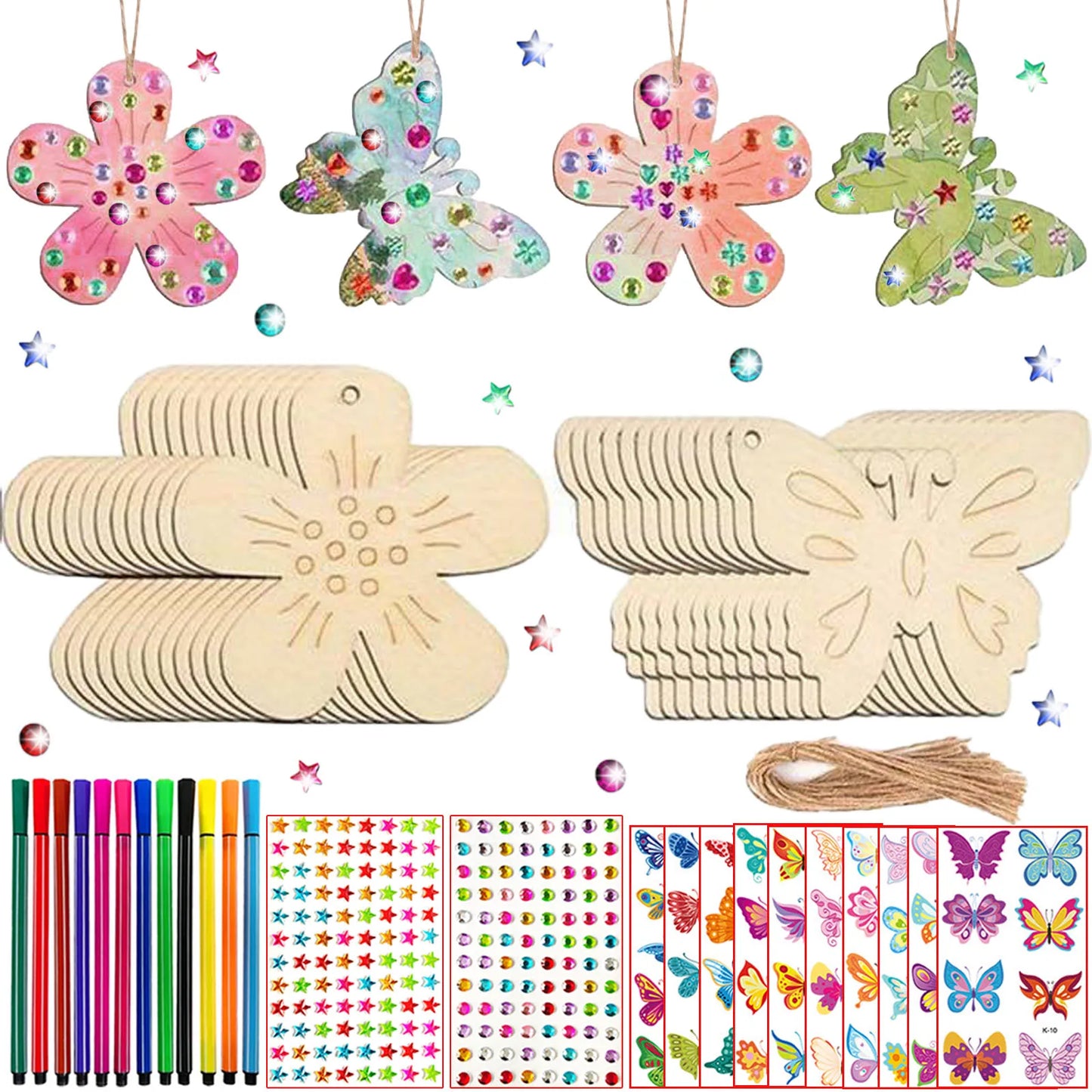 254-piece DIY wooden set featuring butterflies and flowers, wooden butterfly craft set, unfinished wooden butterfly craft set