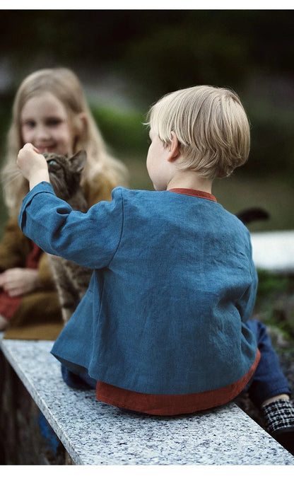 Spring Thin Retro Linen Jacket Children 2026 New Solid Color Single-Breasted Cardigan Casual Long-Sleeved Boys And Gilrs Coats