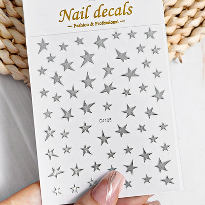 3D Bronzing Laser Silver Irregular Star Nail Decals Metallic Effect Silver Pentagram Nail Decals Adhesive Nail Art Star Stickers