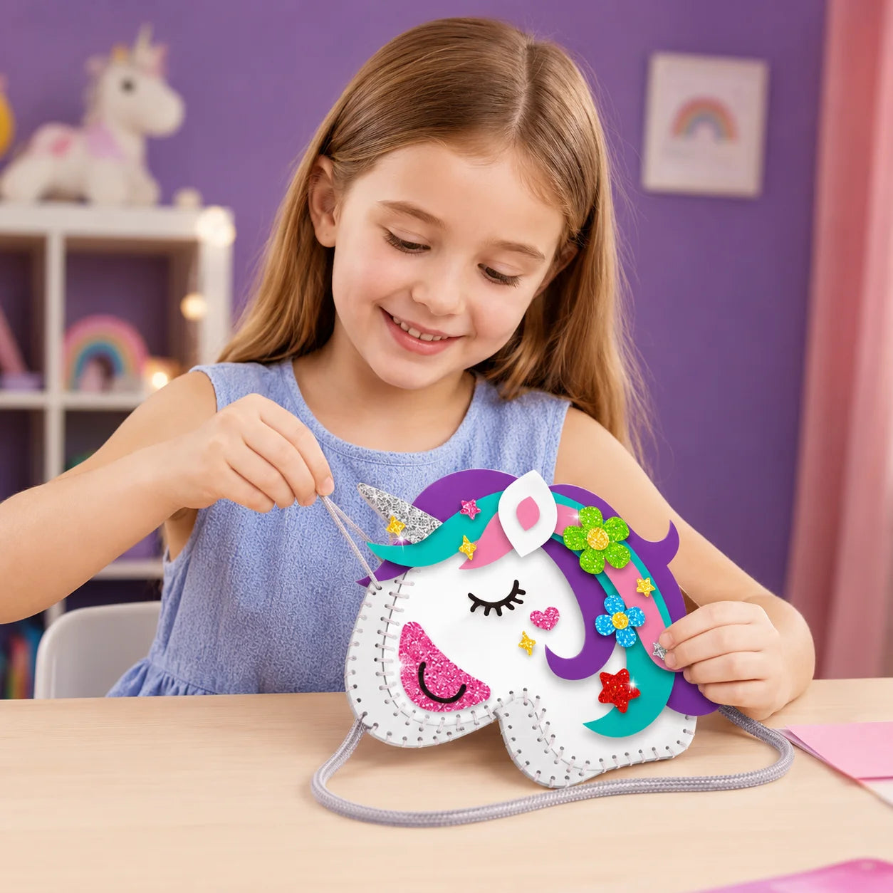 Kids DIY Sewing Bag Kit, Unicorn & Princess Theme Felt Art, 50+ Pieces Set, Creative Educational Toy for Kids