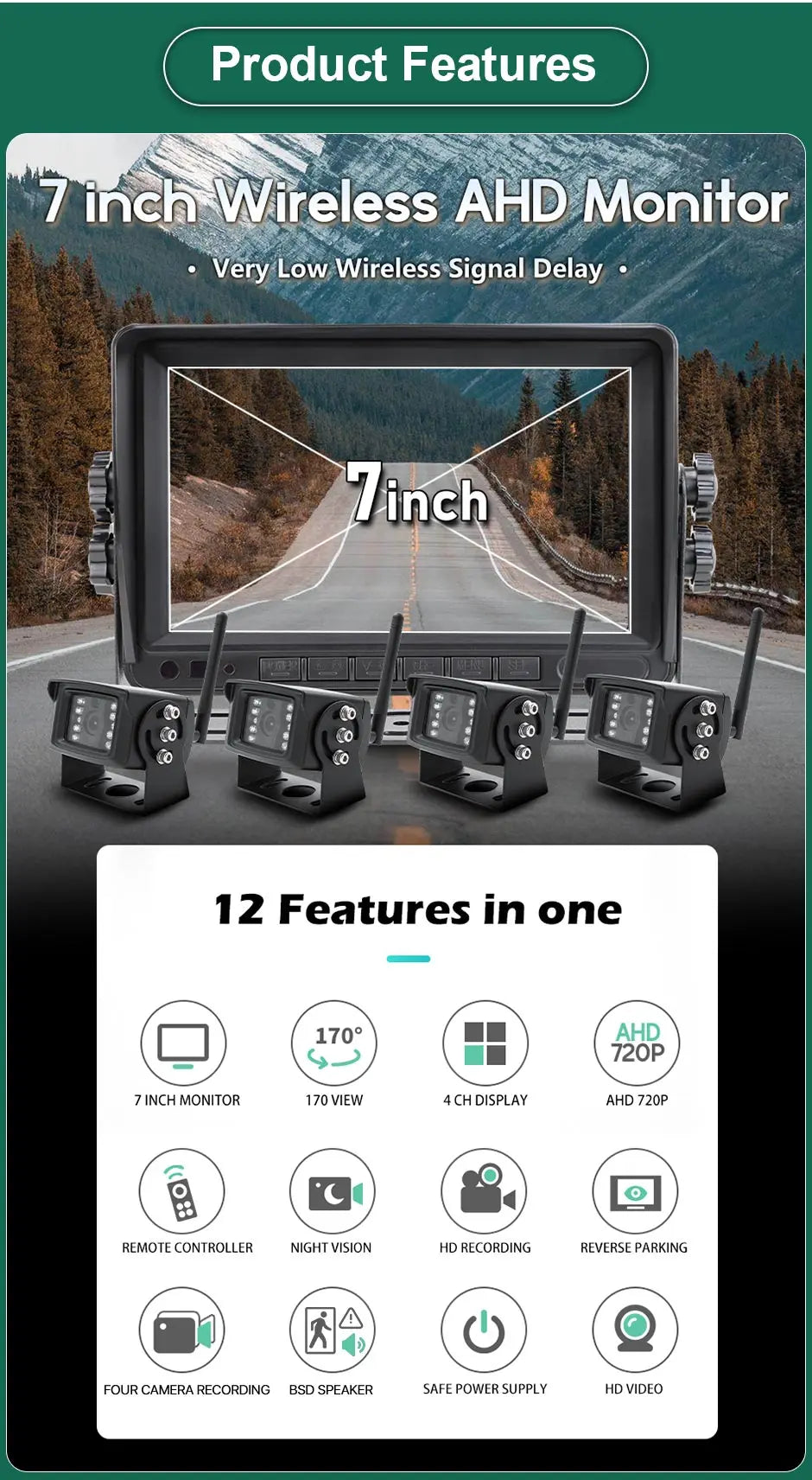 GreenYi 1280x720 High Definition AHD Wireless Truck DVR Monitor 7" Night Vision Reverse Backup Recorder Wifi Camera For Bus Car