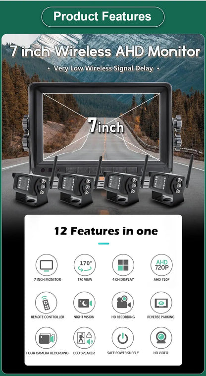 GreenYi 1280x720 High Definition AHD Wireless Truck DVR Monitor 7" Night Vision Reverse Backup Recorder Wifi Camera For Bus Car