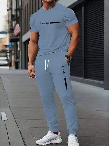 New Men's Letter Print Two-piece Set Outdoor Casual Round Neck Short Sleeve Drawstring Long Pants Plus Size Loose Fit Outfit