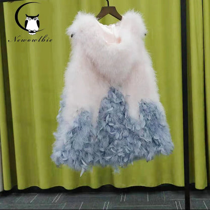 New Turkey feather waistcoat with hat and big swing, medium and long fur coat can be customized