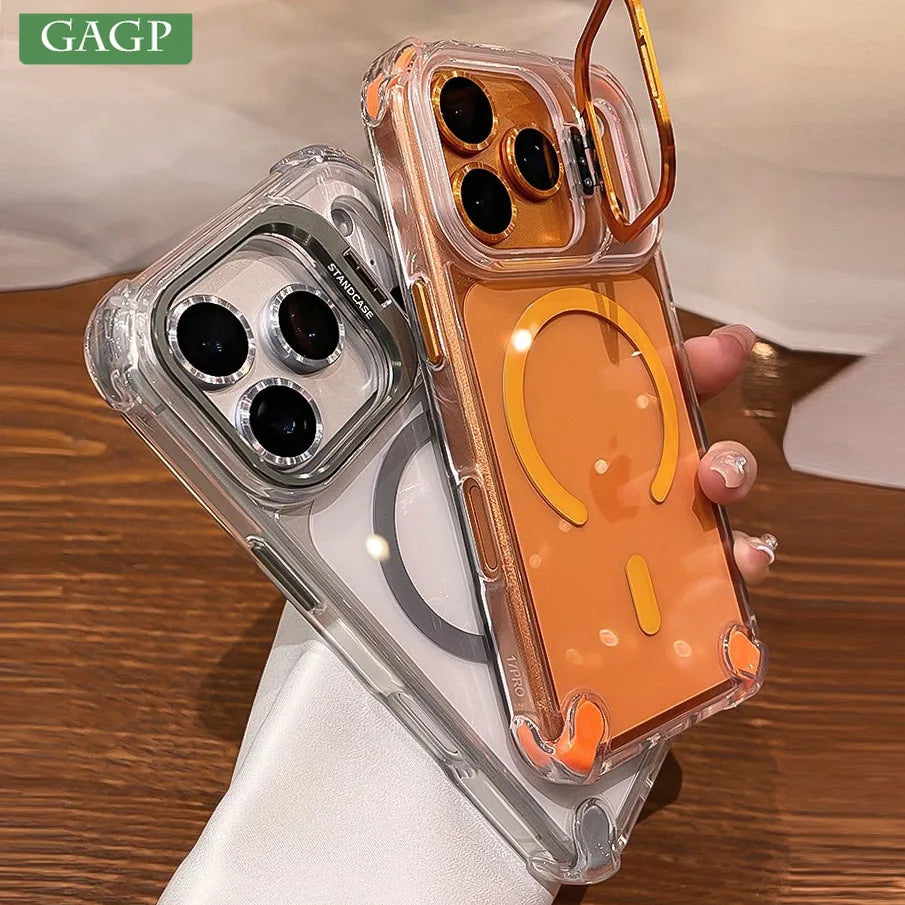 Luxury Transparent Airbag Case For iPhone 17 16 15 14 12 13 Pro Max Plus Air for Magsafe Transparent Camera Stand Holder Cover