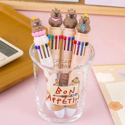 10-Color Kawaii Capybara Multifunctional Gel Pen 0.5mm Fine Tip Cute Cartoon Brown Pen for Office School Student Stationery