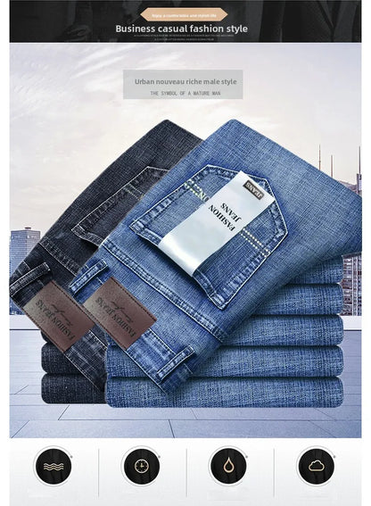 2026 Brand Slim Washed Jeans Casual Straight Stretch Fashion Classic Blue Black Work Denim Trousers Male Brand Clothing