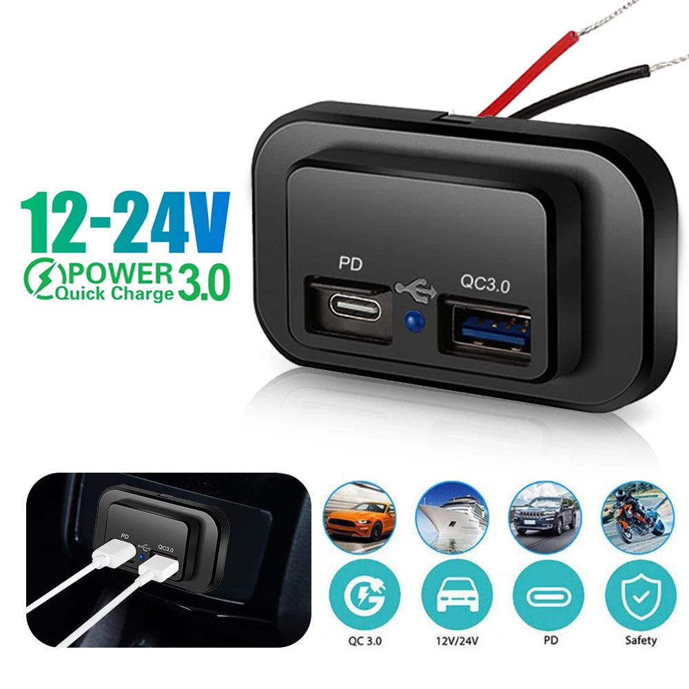 PD QC3.0 Car Charger Socket Quick Charge 12V/24V For Motorcycle Auto Truck ATV RV Bus Dual USB Power Adapter Outlet LED Light