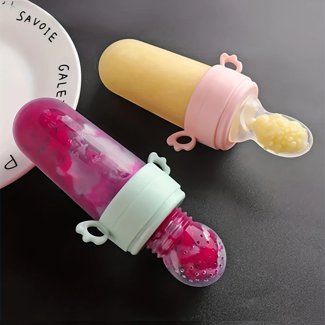 4pcs Baby Feeding Set: 1pc Silicone Spoon Feeder Bottle with Handle, 3-Size Mesh Bags-S, M, L. Baby Bottle, Feeding Bottle Set