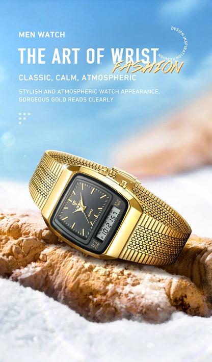 New Fashion Casual Watch Men Digital Dual Time Week Gold Sport 3bar Waterproof Quartz Wristwatches Clock relogio masculino L1030
