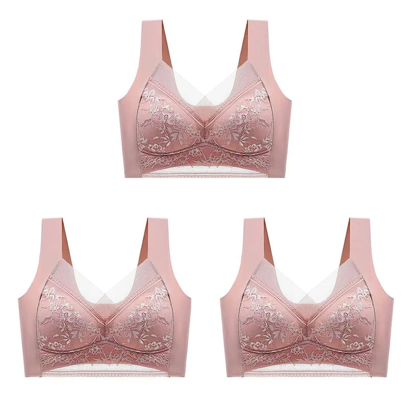 3Pcs Women Lace Bra Perspective Push Up Ice Silk Deep V Bralette Bra Sexy Lingerie Tops Plus Size Cup Mom's underwear L-5XL