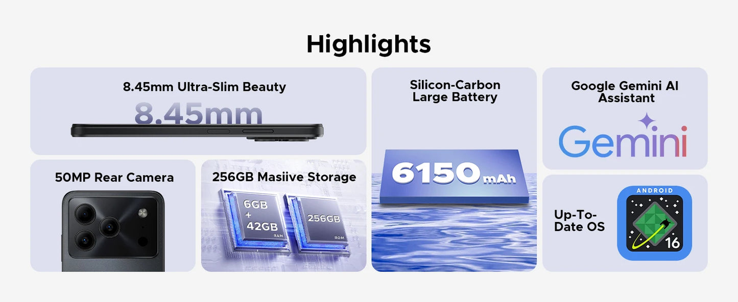 DOOGEE Note56 Plus Smartphone Android 16 48GB+256GB 6150mAh Large Battery 6.56'' 90Hz Display UNISOC T7225 50MP Camera NFC