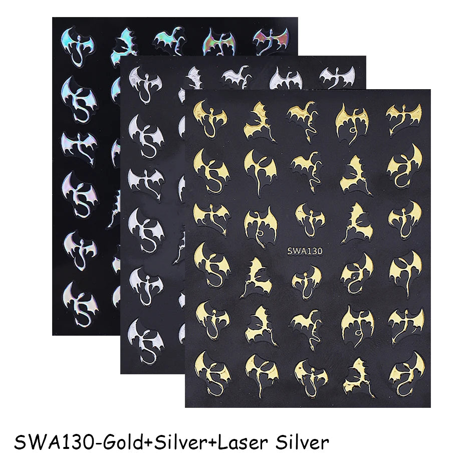 3pcs Metallic Flying Dragon Nails Stickers Gold Silver Laser Flying Devil Bat Design Nail Decals DIY Halloween Manicure Decor