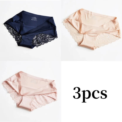 3pcs Lace Women's Panties French Seamless Underwear Female Ice Silk Briefs Solid Color Breathable Underpants Lingerie