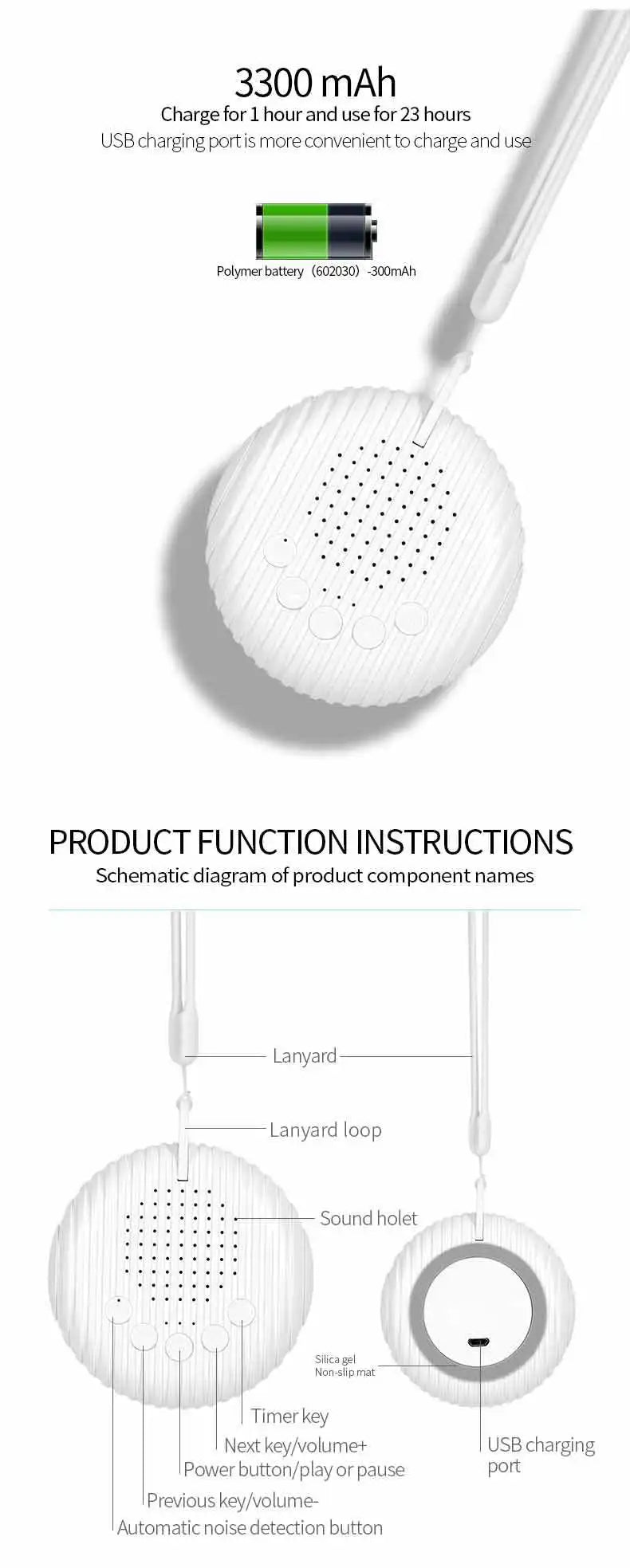 White Noise Sound Machine Portable Baby Sleep Machine 10 Soothing Sounds Volume Adjustable Built-in Rechargeable Battery USB