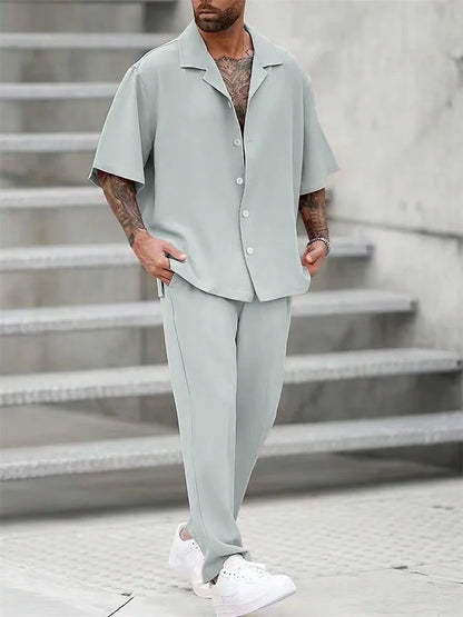 2025 Autumn Geometric Color Block Printed Short-sleeved Set, 2pcs Daily Casual And Loose Men's Shirt Set, Casual And Fashionable