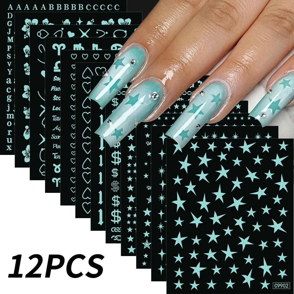 12Pcs 3D Gold Sliver Stars Nail Stickers Bronzing Starlight Nail Art Decals Self Adhesive Slider Decals DIY Nail Tips Decoration