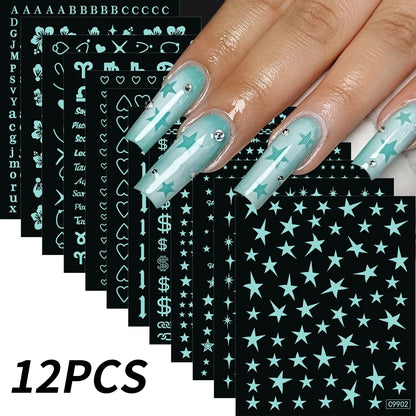 12Pcs 3D Gold Sliver Stars Nail Stickers Bronzing Starlight Nail Art Decals Self Adhesive Slider Decals DIY Nail Tips Decoration