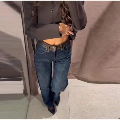Female Vintage Leather Pocket Jeans Women Blue Zipper Straight Loose Trousers Lady New Fashion Daily Casual Spring Pants 2026