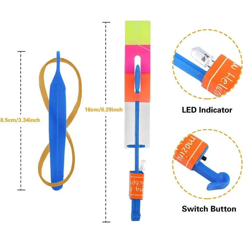 Outdoor Flash Rocket Toy LED Lights Glowing Slingshot Rocket Helicopter Flying Toy Party Fun Gift Rubber Band Ejector Toys